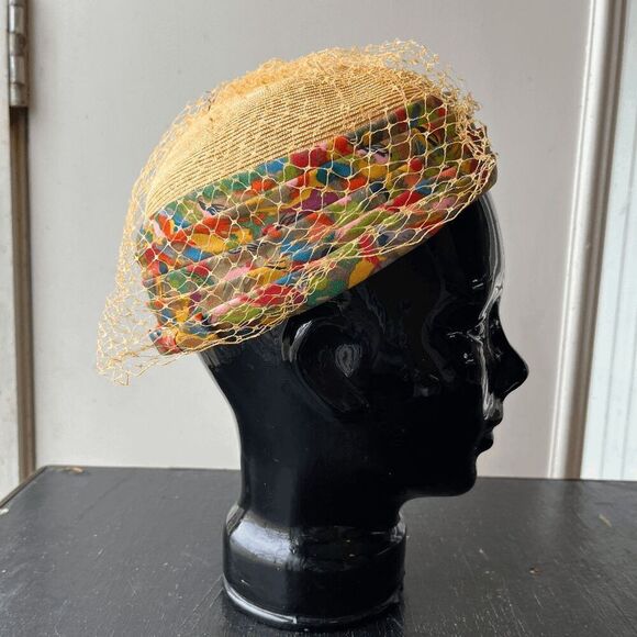 VTG 50s Straw Kentucky Derby Hat Colorful Pleated Band Net Veil Pillbox main image 9